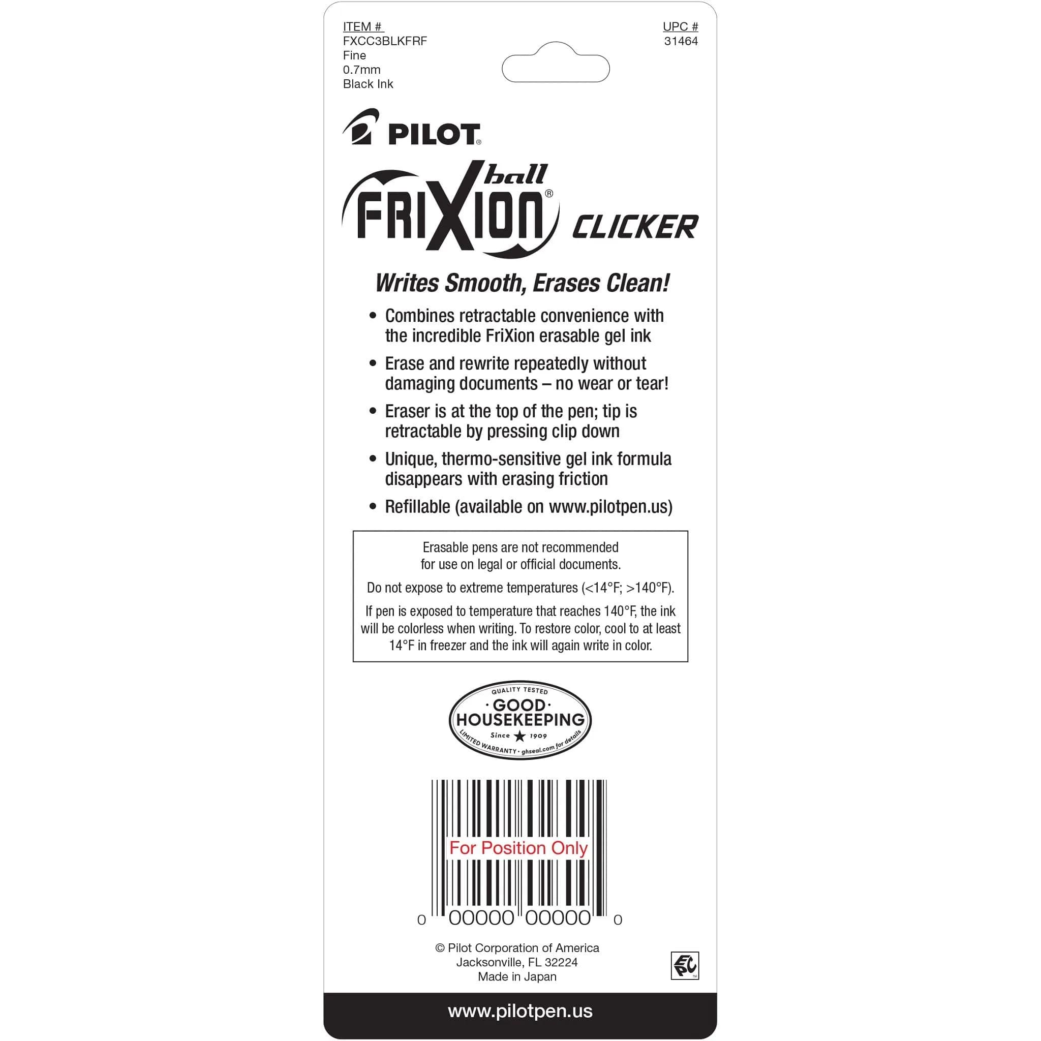 PILOT FriXion Clicker Erasable Pens, Fine Point 0.7mm, Black Ink, 3-Pack | Smooth Writing Gel Pens for Students & Office - view 3