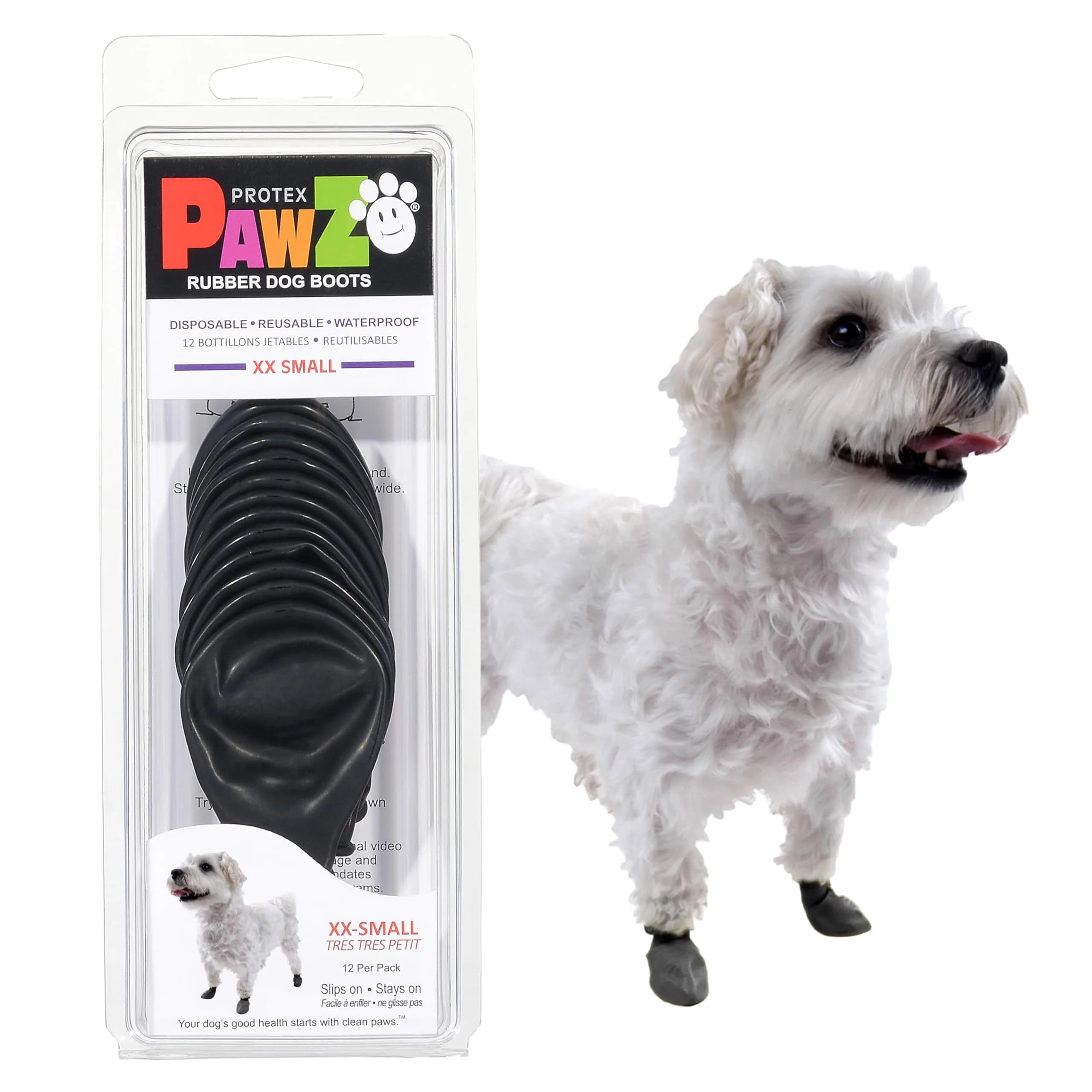 Protex PawZ Rubber Dog Boots - Waterproof Non-Slip Dog Shoes & Booties, 12 Pack | All-Weather Paw Protection for Small Dogs — Black