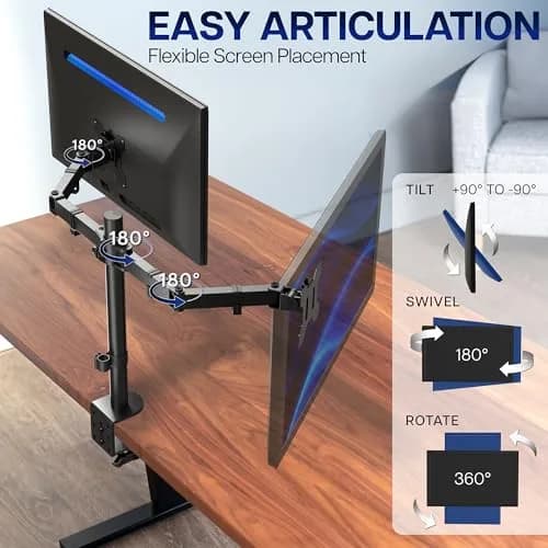 VIVO Dual Monitor Desk Mount STAND-V002 | Heavy Duty Steel Stand for 2 Screens up to 30" & 22lbs Each, Black thumbnail 4