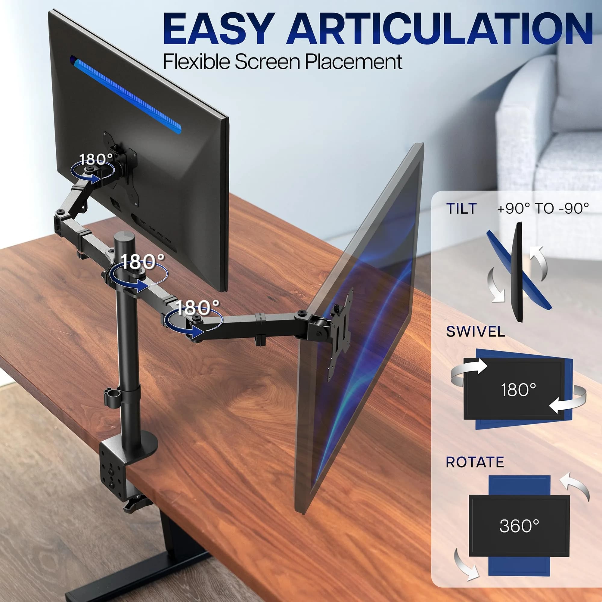 VIVO Dual Monitor Desk Mount STAND-V002 | Heavy Duty Steel Stand for 2 Screens up to 30" & 22lbs Each, Black - view 4