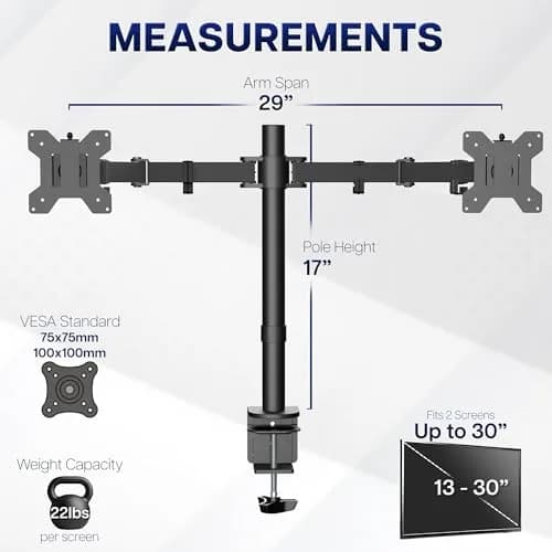 VIVO Dual Monitor Desk Mount STAND-V002 | Heavy Duty Steel Stand for 2 Screens up to 30" & 22lbs Each, Black thumbnail 5
