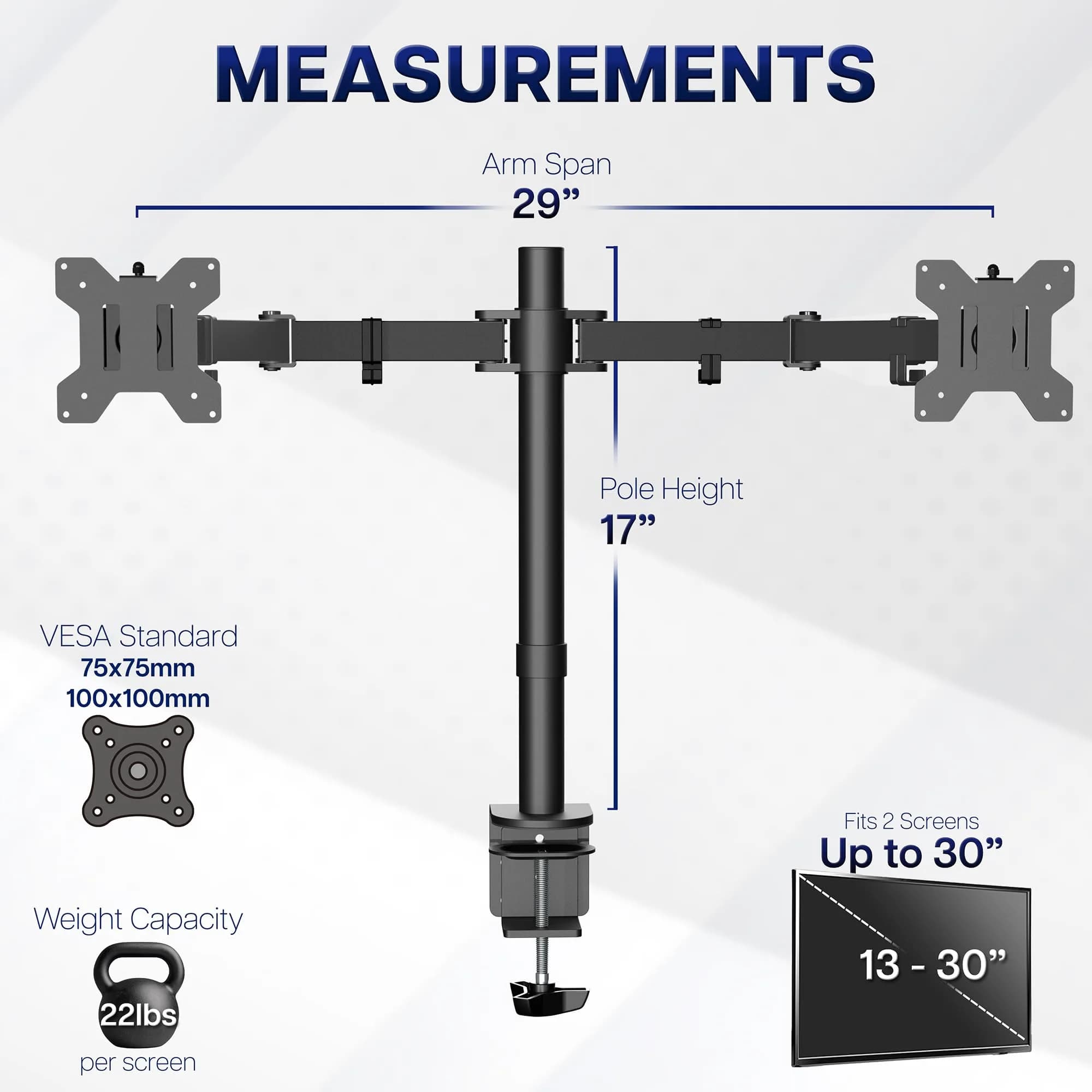 VIVO Dual Monitor Desk Mount STAND-V002 | Heavy Duty Steel Stand for 2 Screens up to 30" & 22lbs Each, Black - view 5