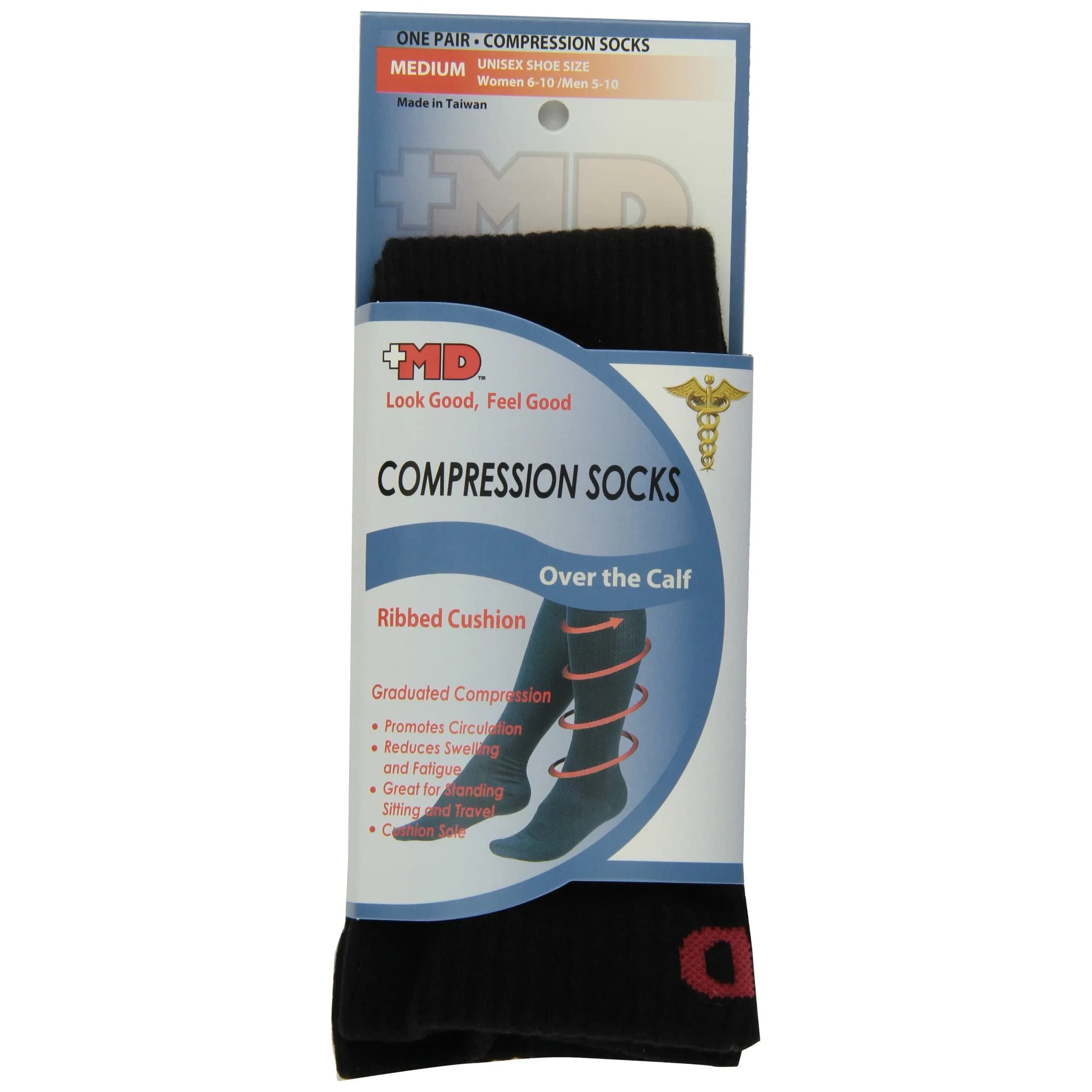 MD USA Ribbed Cotton Compression Socks with Cushion, Black, Medium | Graduated Compression Support for Circulation - main product image
