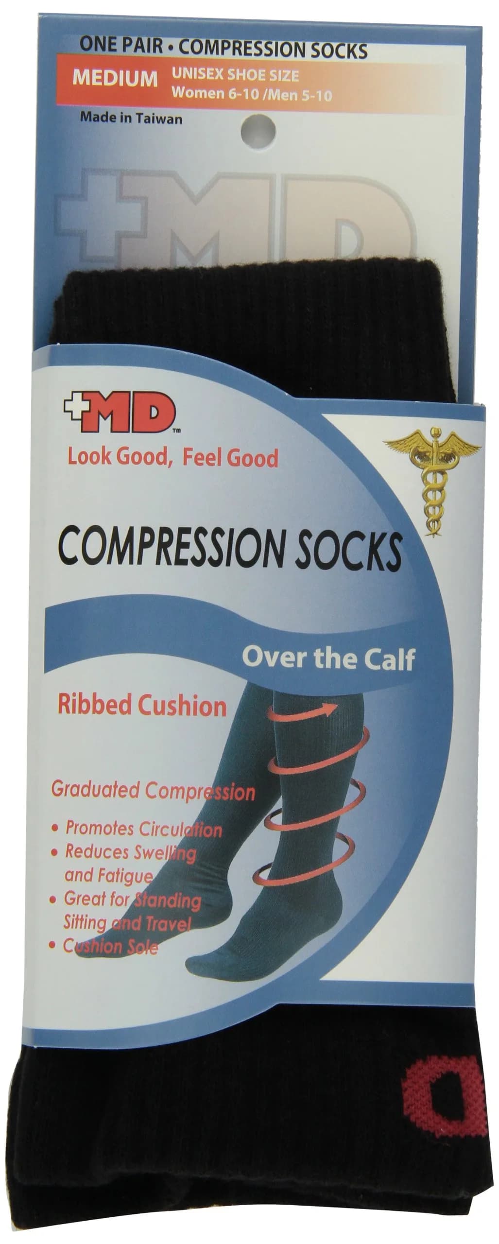 MD USA Ribbed Cotton Compression Socks with Cushion, Black, Medium | Graduated Compression Support for Circulation — black