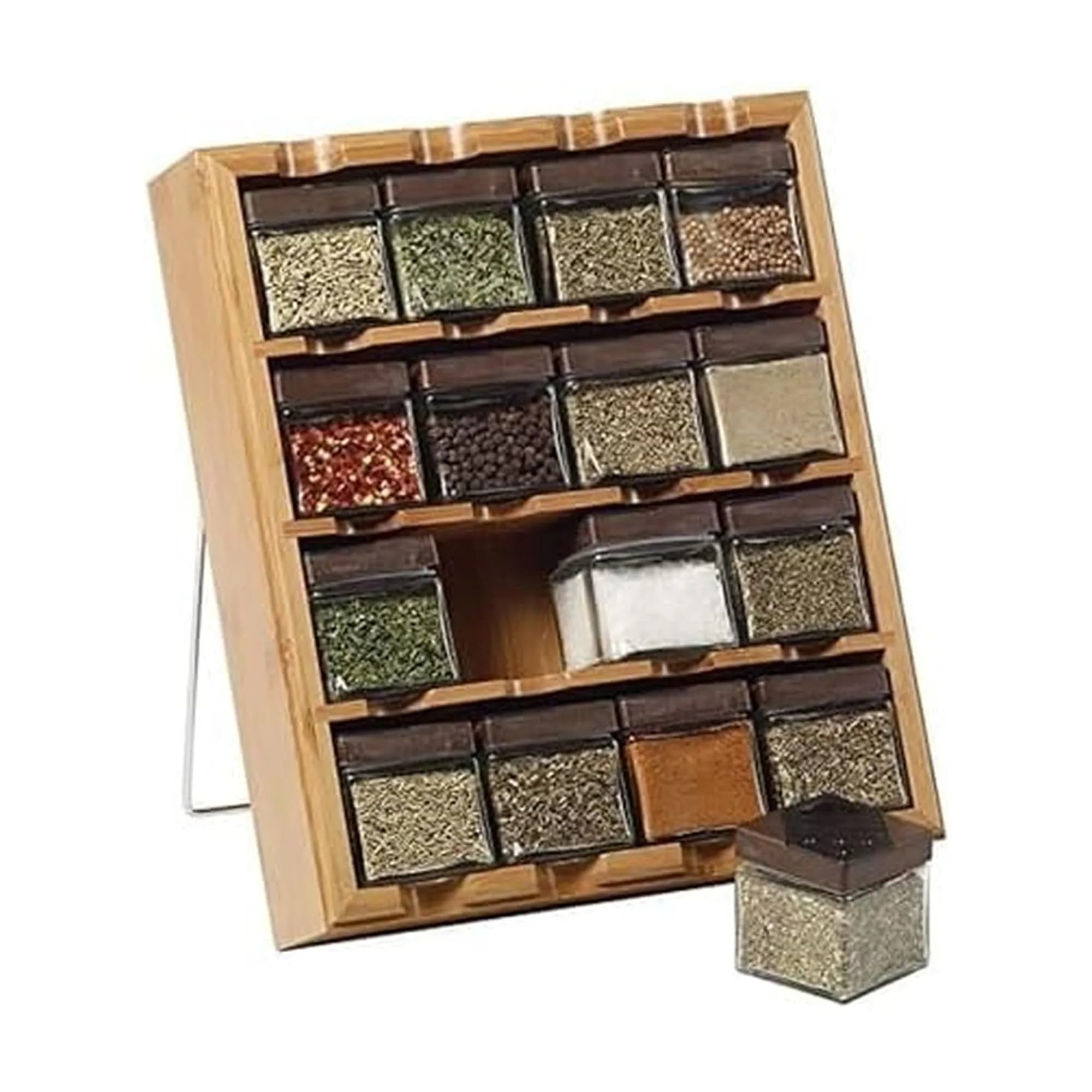 Kamenstein 16 Jar Bamboo Spice Organizer with Spices | 36.8 cm x 27.3 cm x 7 cm (14.5 in x 10.75 in x 2.75 in) — Wood