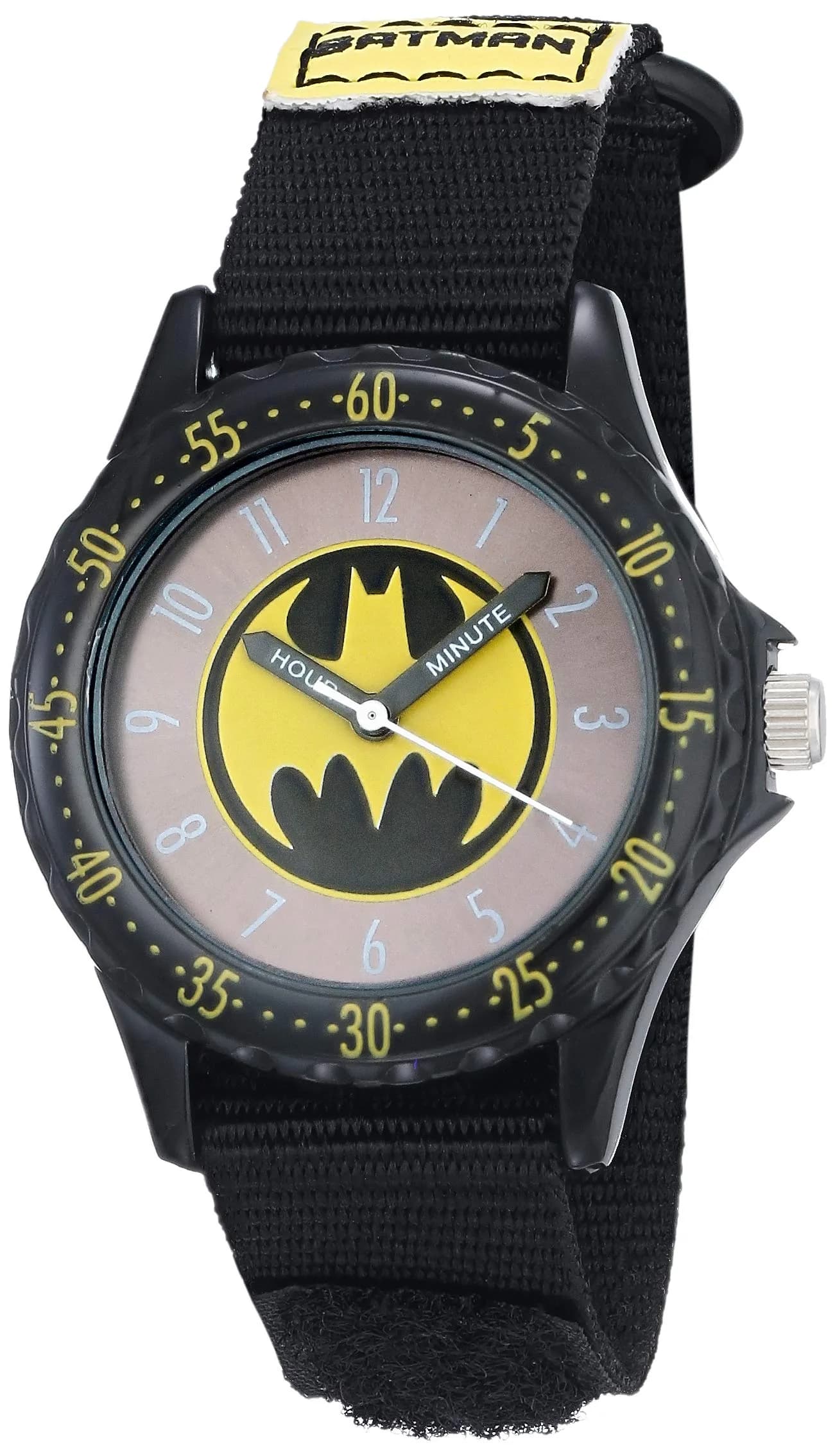 Accutime Kids Batman Analog Quartz Wristwatch with Logo Face & Canvas Strap for Boys, Girls & Adults (Model: BAT5038) — Logo & Black Strap