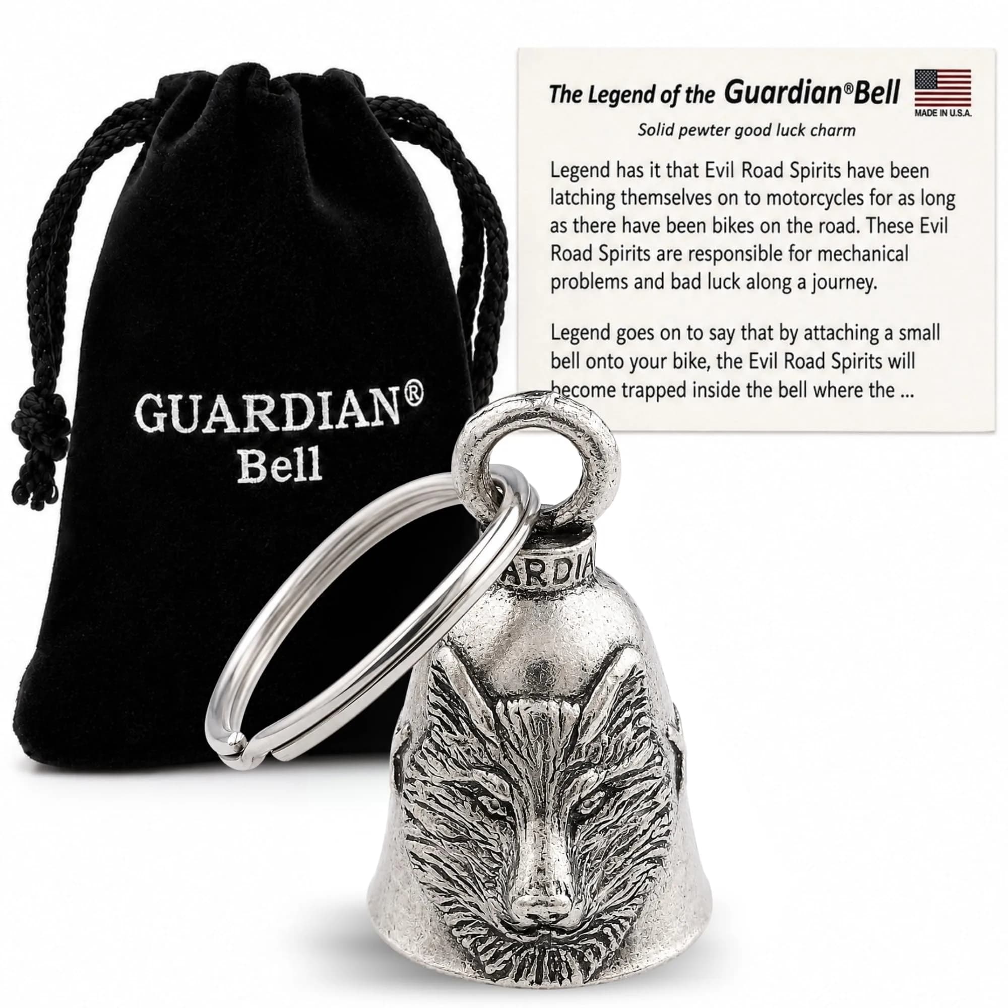 Guardian Bell Wolf Good Luck Bell 1.75 in | Handcrafted Pewter Motorcycle Charm with Keyring & Velvet Bag - main product image
