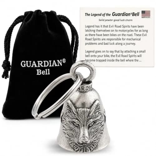 Guardian Bell Wolf Good Luck Bell 1.75 in | Handcrafted Pewter Motorcycle Charm with Keyring & Velvet Bag thumbnail 1
