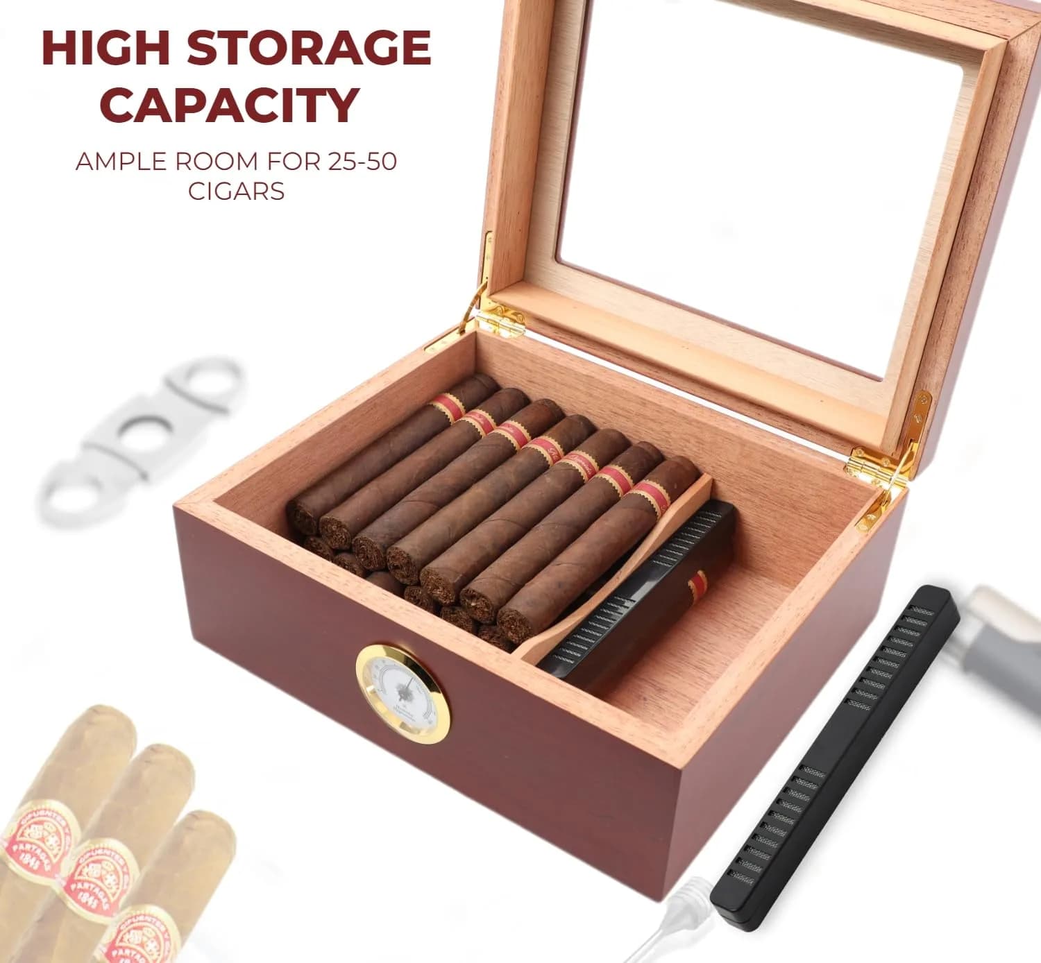 Mantello Cigars Premium Humidor for 25-50 Cigars | Cedar Lined Cigar Box with Hygrometer & Humidifier (Mahogany-Analog) - view 6