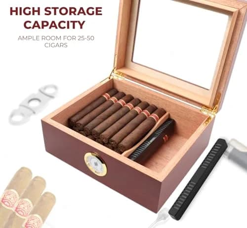 Mantello Cigars Premium Humidor for 25-50 Cigars | Cedar Lined Cigar Box with Hygrometer & Humidifier (Mahogany-Analog) thumbnail 6