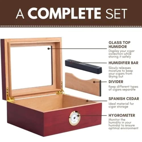 Mantello Cigars Premium Humidor for 25-50 Cigars | Cedar Lined Cigar Box with Hygrometer & Humidifier (Mahogany-Analog) thumbnail 3