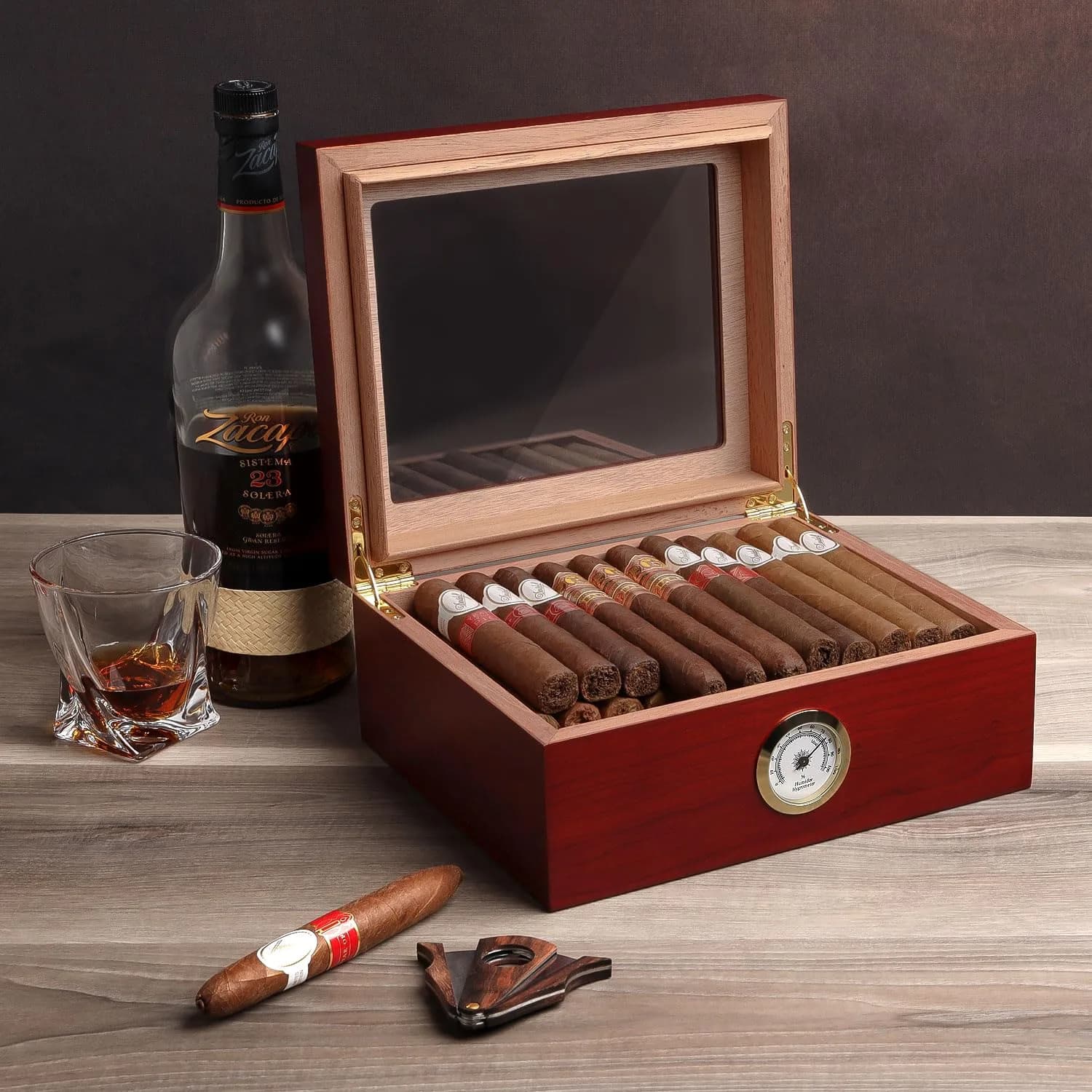 Mantello Cigars Premium Humidor for 25-50 Cigars | Cedar Lined Cigar Box with Hygrometer & Humidifier (Mahogany-Analog) - view 4