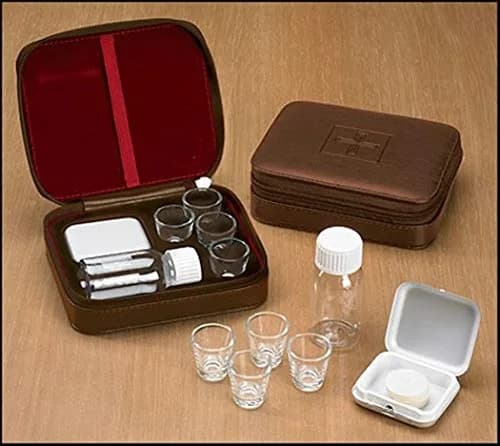 Autom Cross Detail Faux Leather Lined Box 4 Cup Portable Minister Travel Communion Set | Religious thumbnail 1