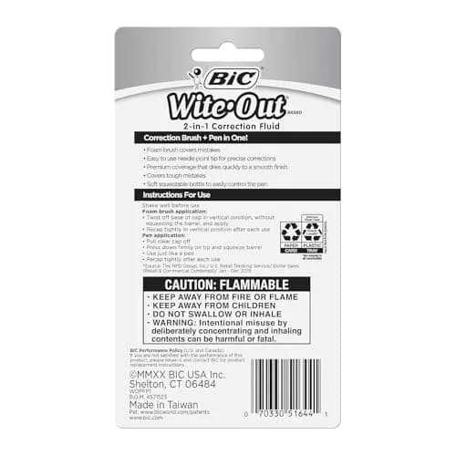 BIC Wite-Out 2-in-1 Correction Fluid Pen 15ml (0.5 Fl Oz) | Smooth Ink Flow for Precise Corrections thumbnail 3