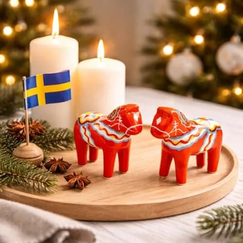 Essence of Europe Gifts Swedish Dala Horse Salt & Pepper Shaker Set 3.25" Ceramic Orange-Red | Scandinavian Home Decor thumbnail 9