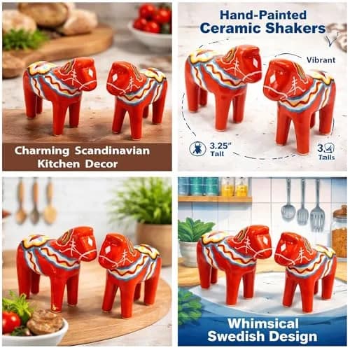 Essence of Europe Gifts Swedish Dala Horse Salt & Pepper Shaker Set 3.25" Ceramic Orange-Red | Scandinavian Home Decor thumbnail 2