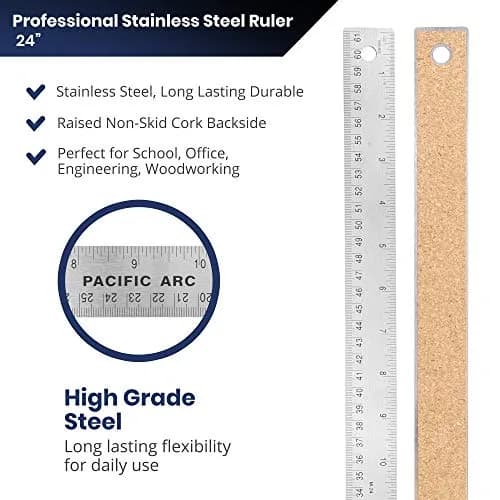 Pacific Arc Stainless Steel 24 Inch Metal Ruler with Cork Back & Metric Graduations | Precise Measuring Tool thumbnail 3