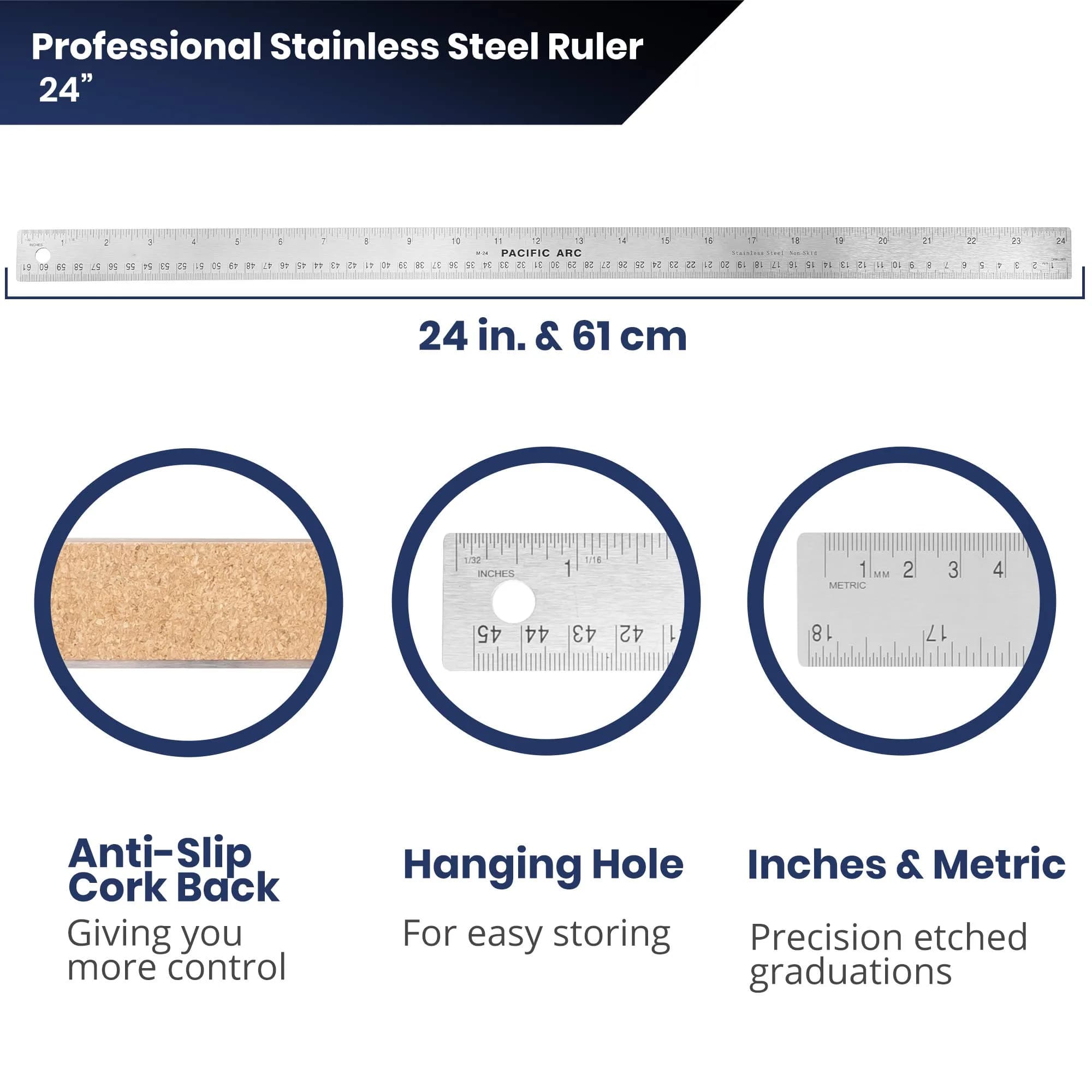 Pacific Arc Stainless Steel 24 Inch Metal Ruler with Cork Back & Metric Graduations | Precise Measuring Tool - view 4