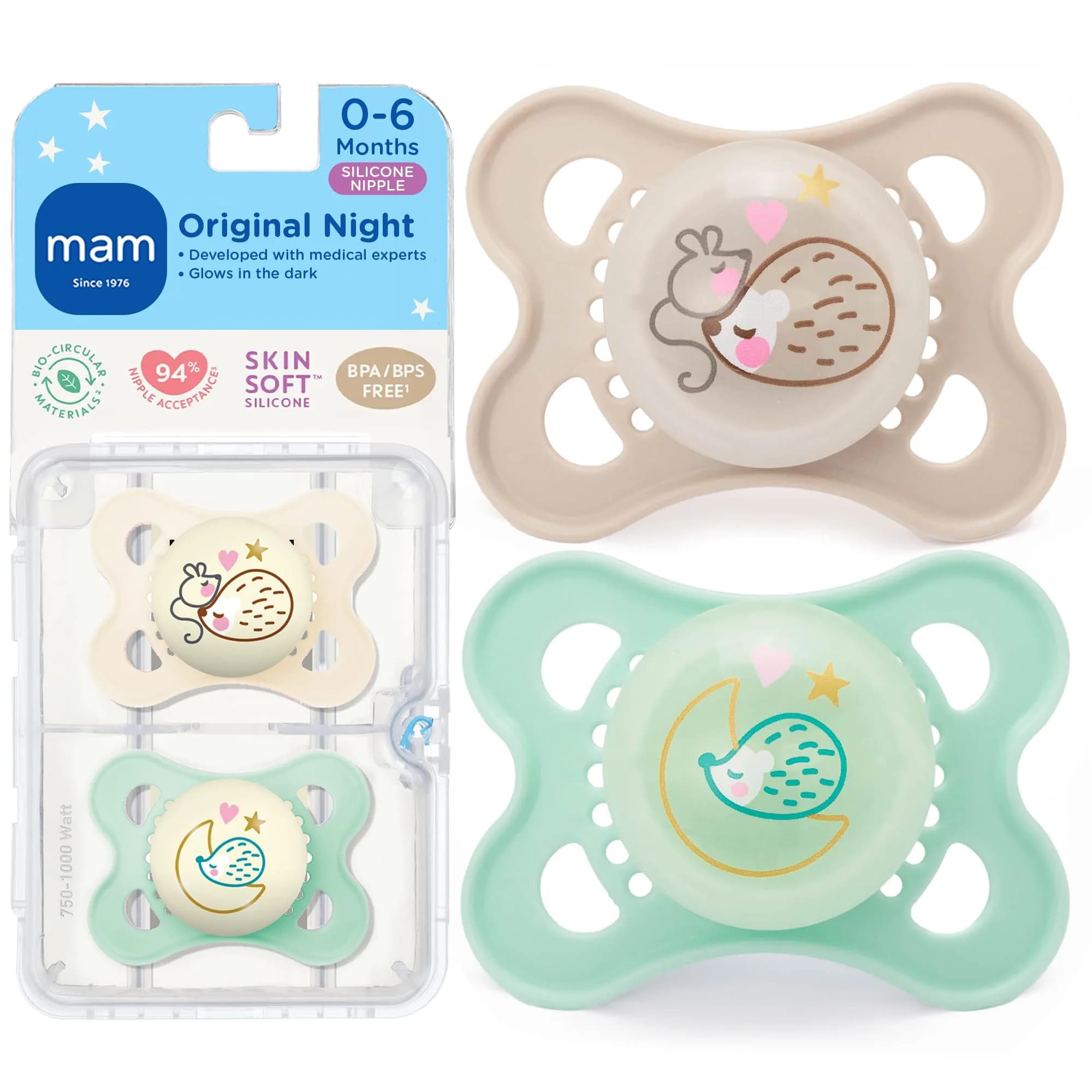 MAM Original Baby Pacifiers 0-6 Months, Glow-in-the-Dark, 2-Pack | Developed with Orthodontists - main product image