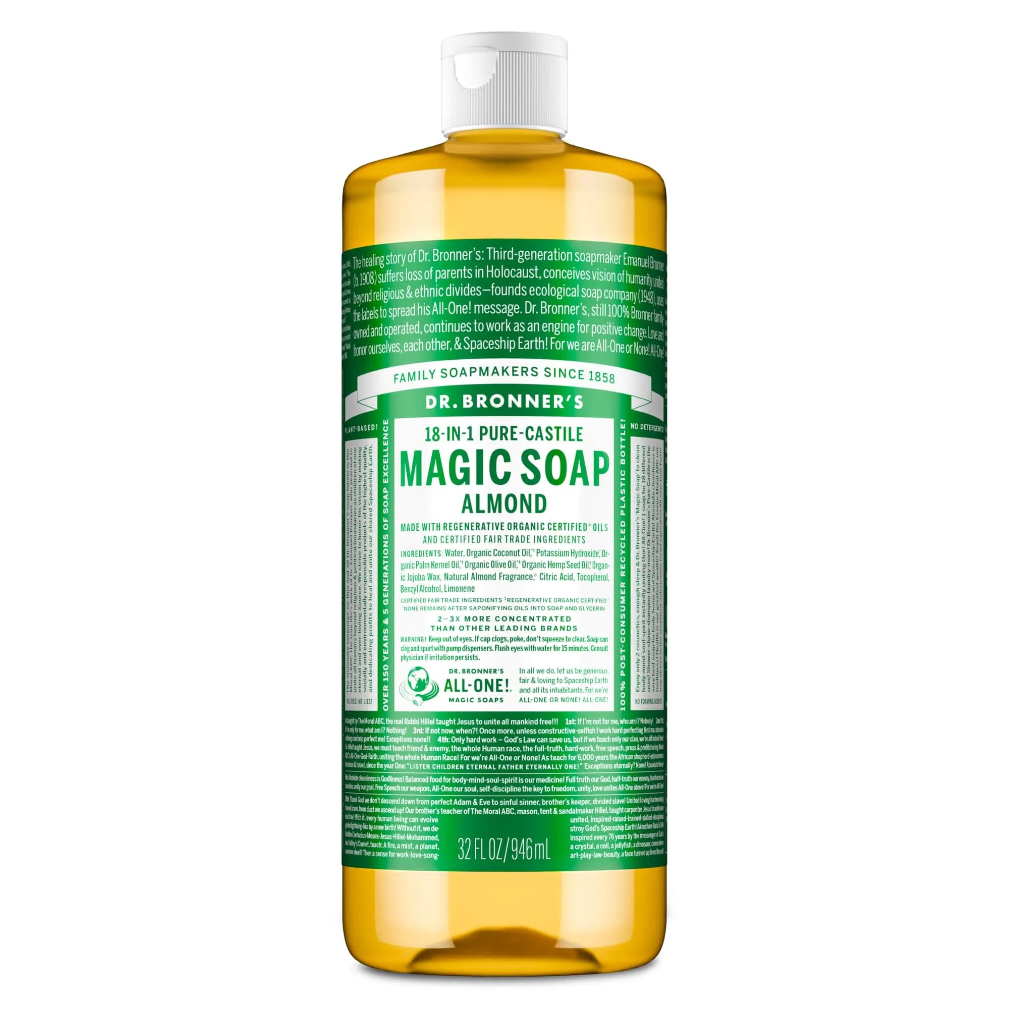 Dr. Bronner's Almond Pure-Castile Liquid Soap 32 Fl Oz (Pack of 1) - Gentle All-Purpose Cleanser - main product image