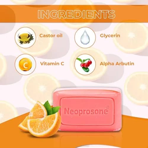 Neoprosone Skin Brightening Soap 80 g (2.82 oz) | Fade Dark Spots on Knees, Elbows, Face, Private Areas with Vitamin C & Castor Oil thumbnail 2