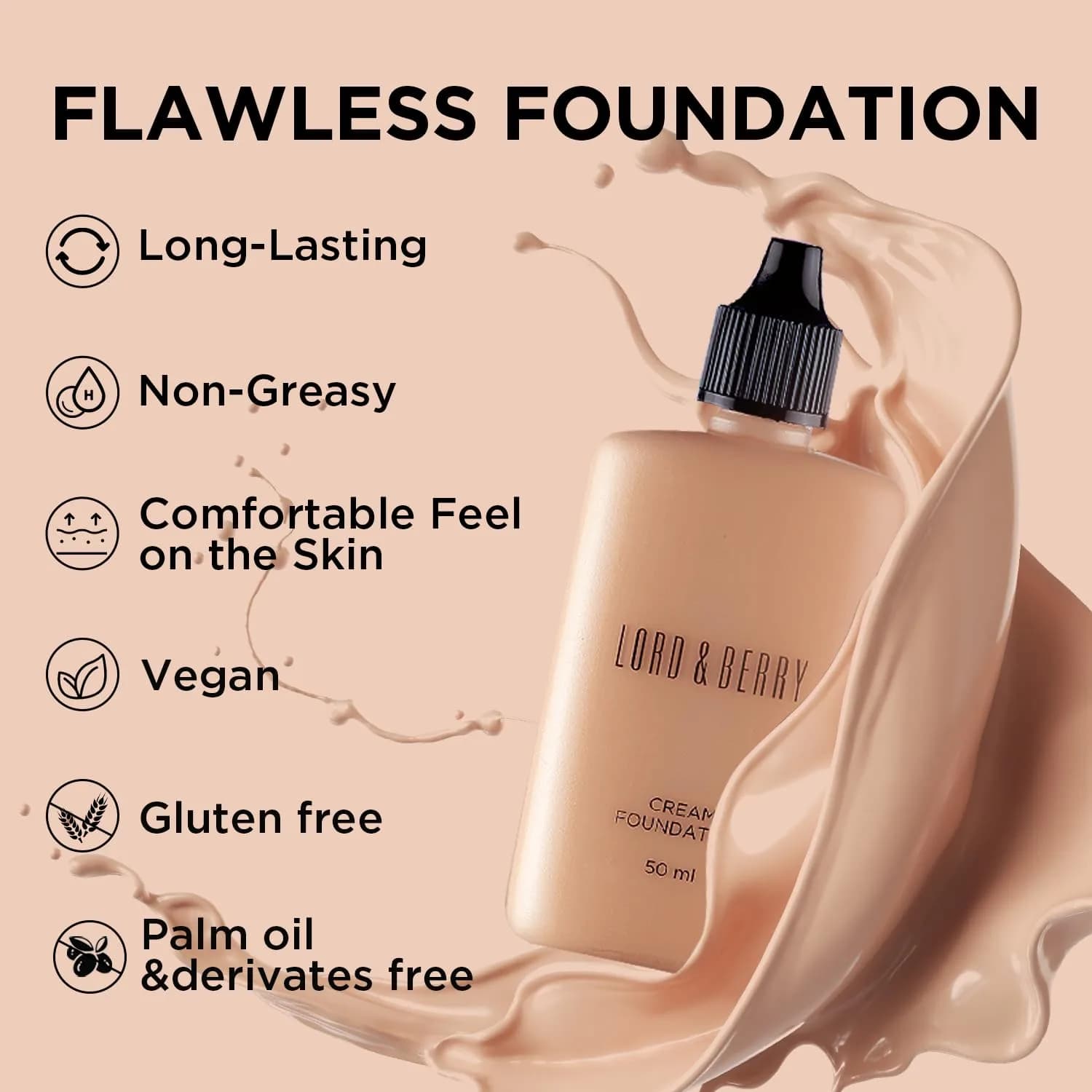 Lord & Berry Cream Foundation Makeup Sand 50ml (1.69 Fl Oz) | Full Coverage with Hyaluronic Acid - view 5