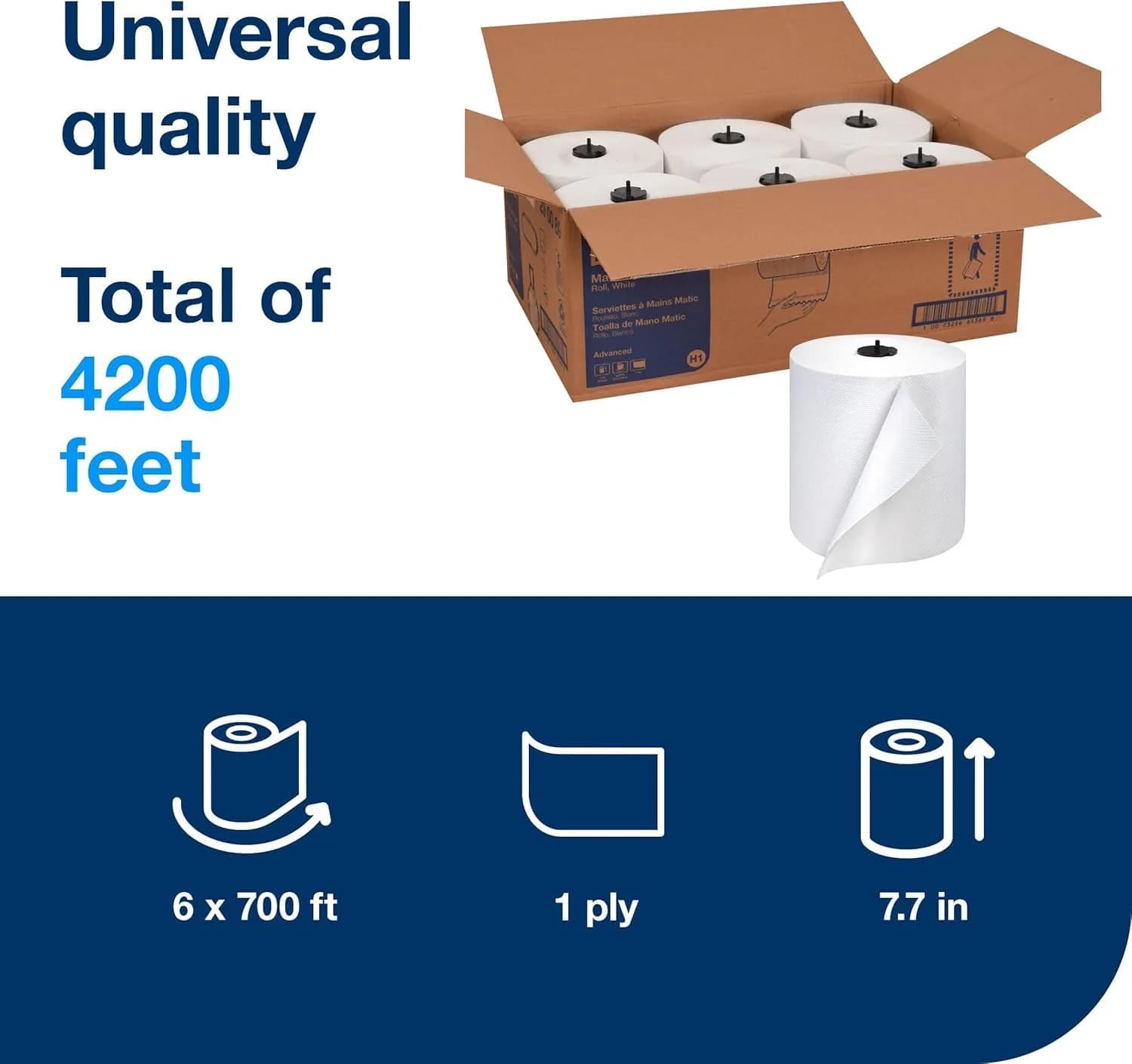 Tork Matic Paper Hand Towel Roll White H1, Universal, 100% Recycled Fiber, 6 Rolls x 700 ft (4300 Sheets Total) | ECOLOGO Certified - view 2