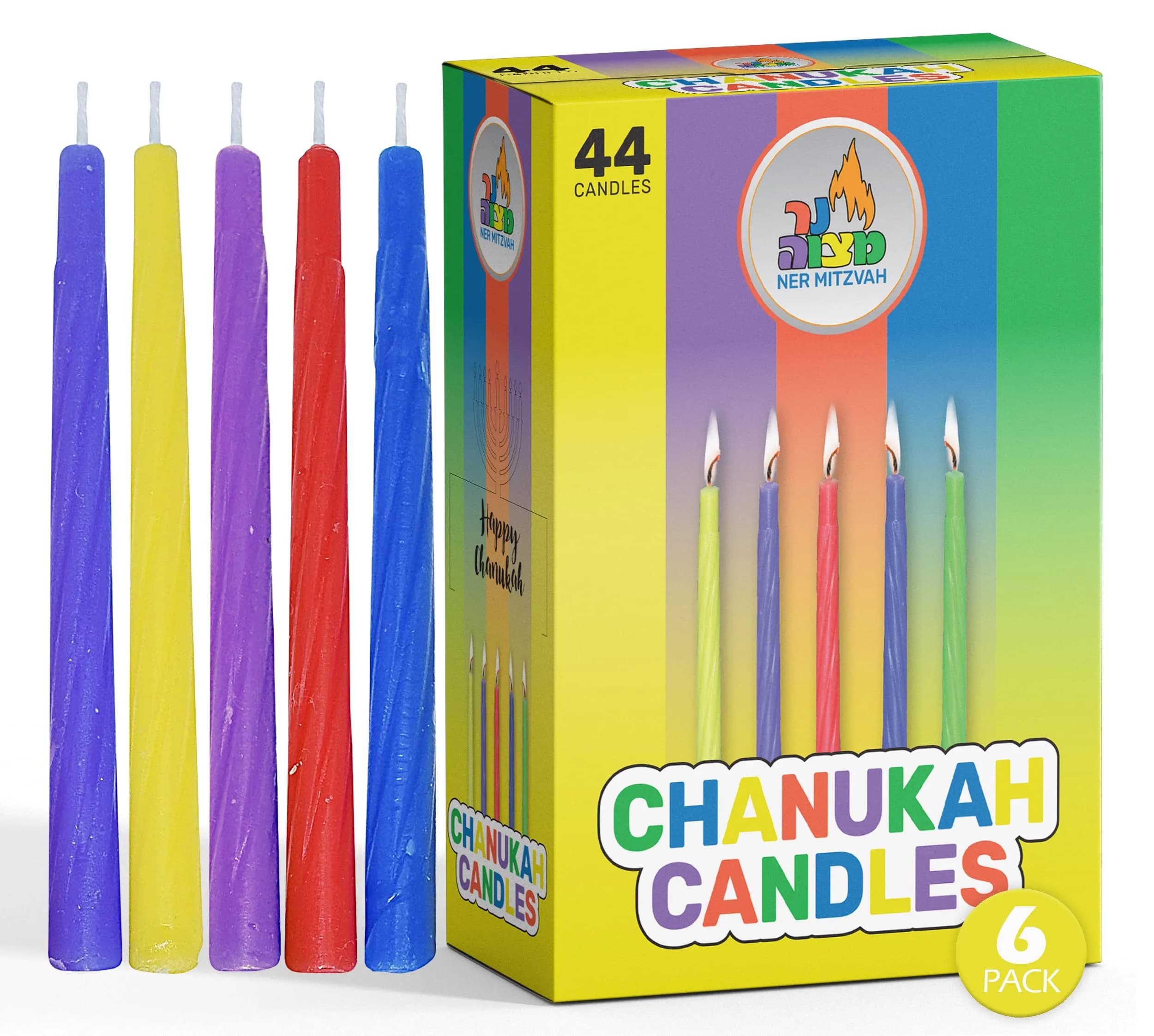 Ner Mitzvah Colorful Chanukah Candles 6-Pack - Standard Size Fits Most Menorahs - Premium Quality Wax - Assorted Colors