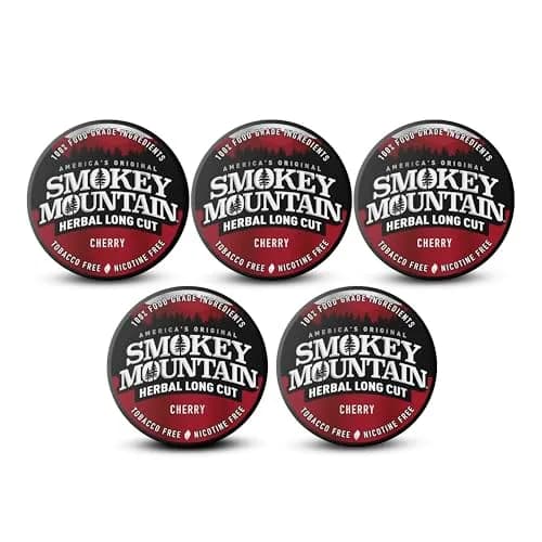 Smokey Mountain Herbal Long Cut Cherry, 5 Can Box | Tobacco-Free Nicotine-Free Herbal Chew thumbnail 1