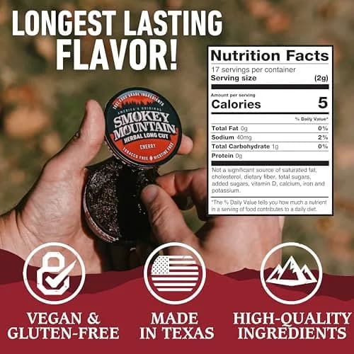 Smokey Mountain Herbal Long Cut Cherry, 5 Can Box | Tobacco-Free Nicotine-Free Herbal Chew thumbnail 4