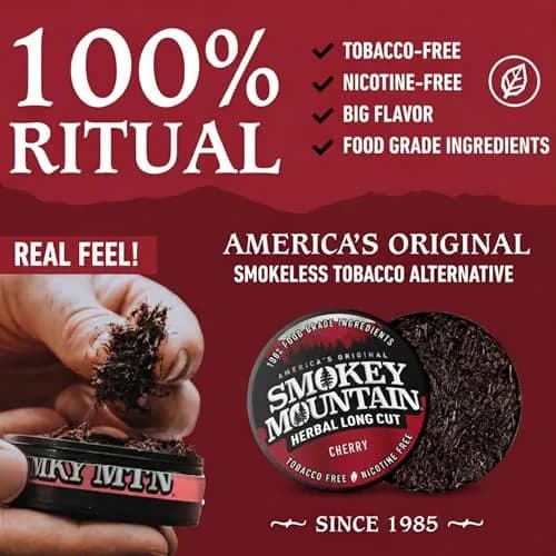 Smokey Mountain Herbal Long Cut Cherry, 5 Can Box | Tobacco-Free Nicotine-Free Herbal Chew thumbnail 3