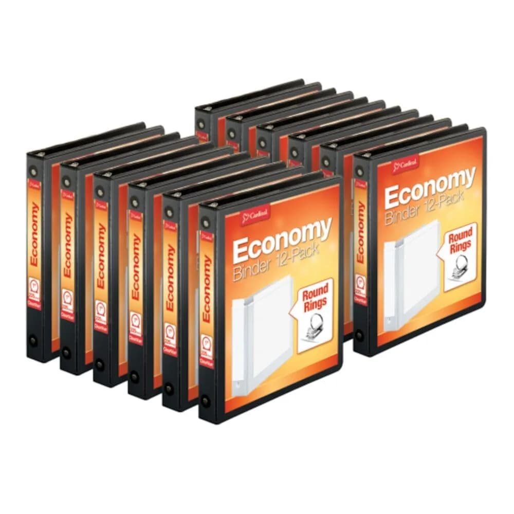 Cardinal Economy 3-Ring Binders, 1" Round Rings, Holds 225 Sheets, Clearvue Presentation View, Black, Carton of 12 - main product image