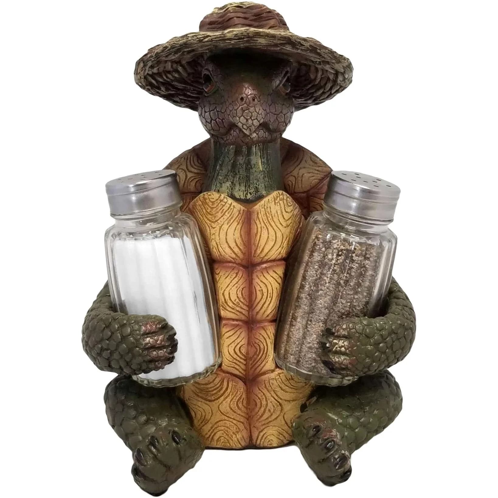 DWK 7-inch Turtle Soup Collectible Figurine with Straw Hat Salt and Pepper Shaker Holder Set 1.2 lb (0.54 kg) | Whimsical Kitchen Decor