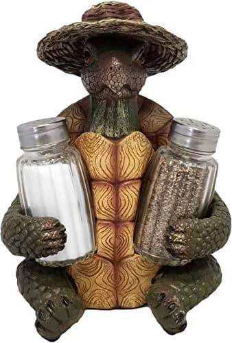 DWK 7-inch Turtle Soup Collectible Figurine with Straw Hat Salt and Pepper Shaker Holder Set 1.2 lb (0.54 kg) | Whimsical Kitchen Decor thumbnail 1