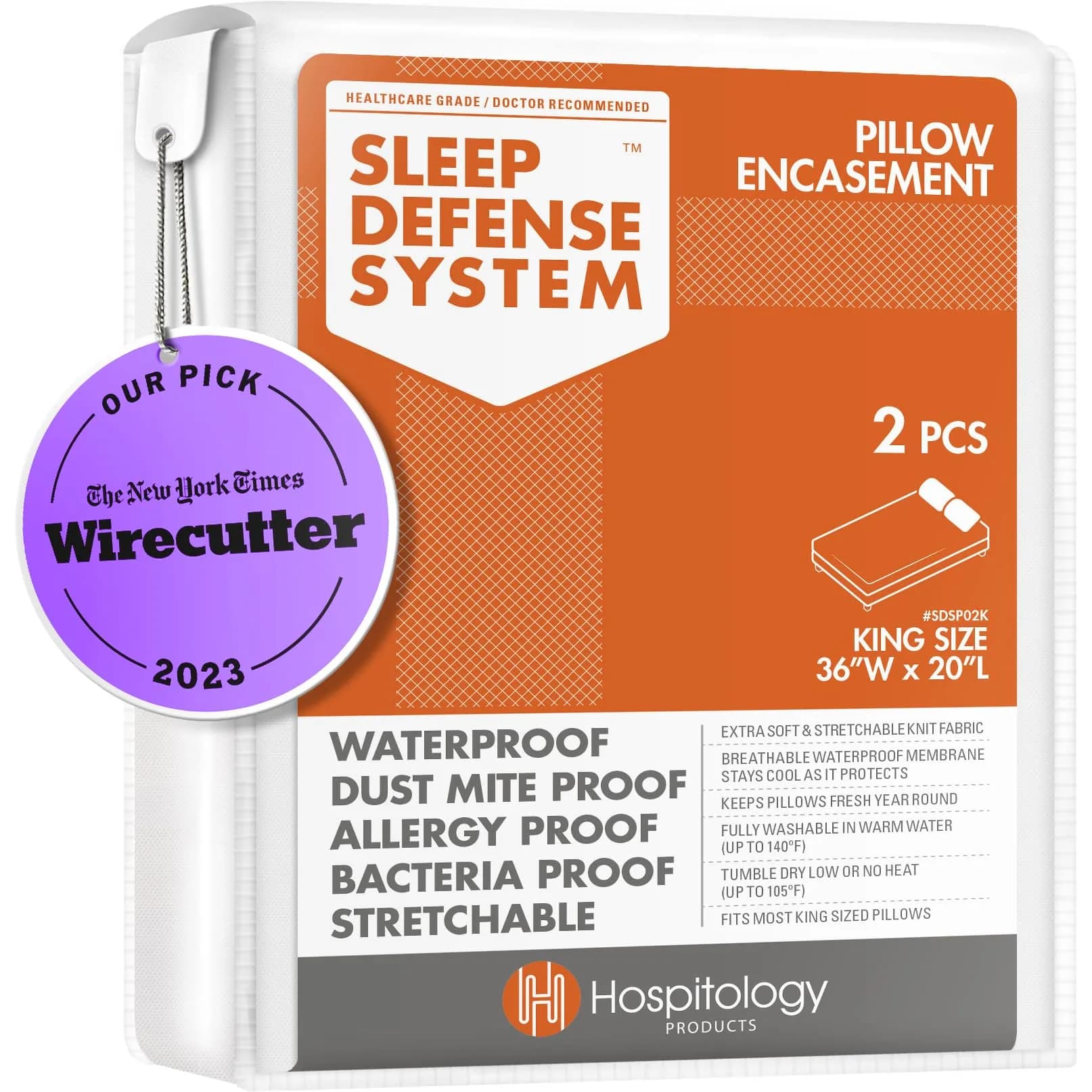 Hospitology Products Zippered Pillow Encasement King Size 91cm (36") x 51cm (20") | Hypoallergenic Waterproof Pillow Protector Set of 2 - main product image
