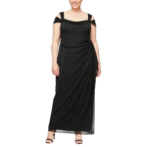 Alex Evenings Plus Size Long Cold Shoulder Dress with Ruched Skirt | Elegant Evening Wear (70-120 chars) thumbnail 1
