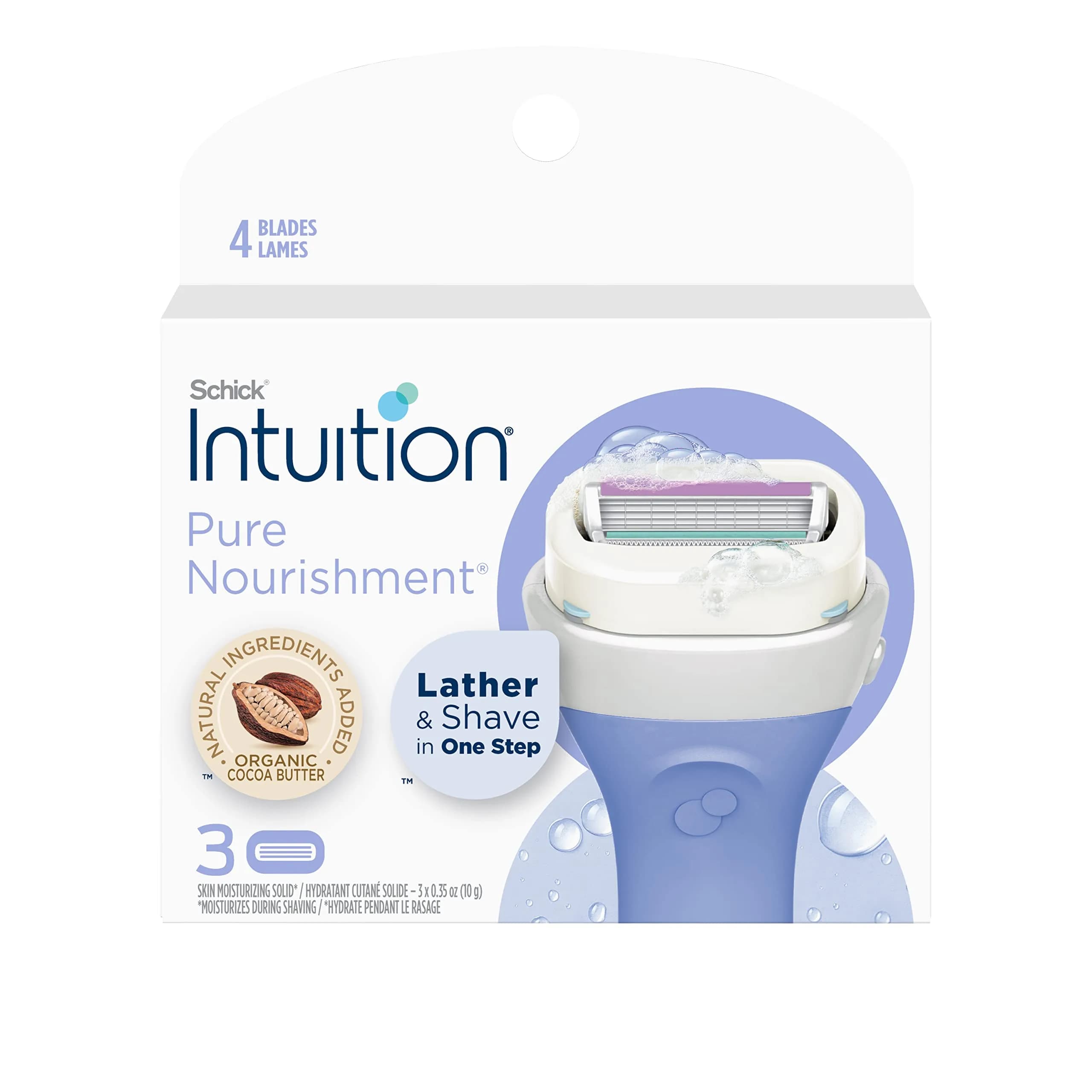 Schick Intuition Pure Nourishment Womens Razor Refills with Coconut Milk & Almond Oil, 3 Count (Pack of 1) | 4 Blades, Pivoting Head, Moisturizing Strip