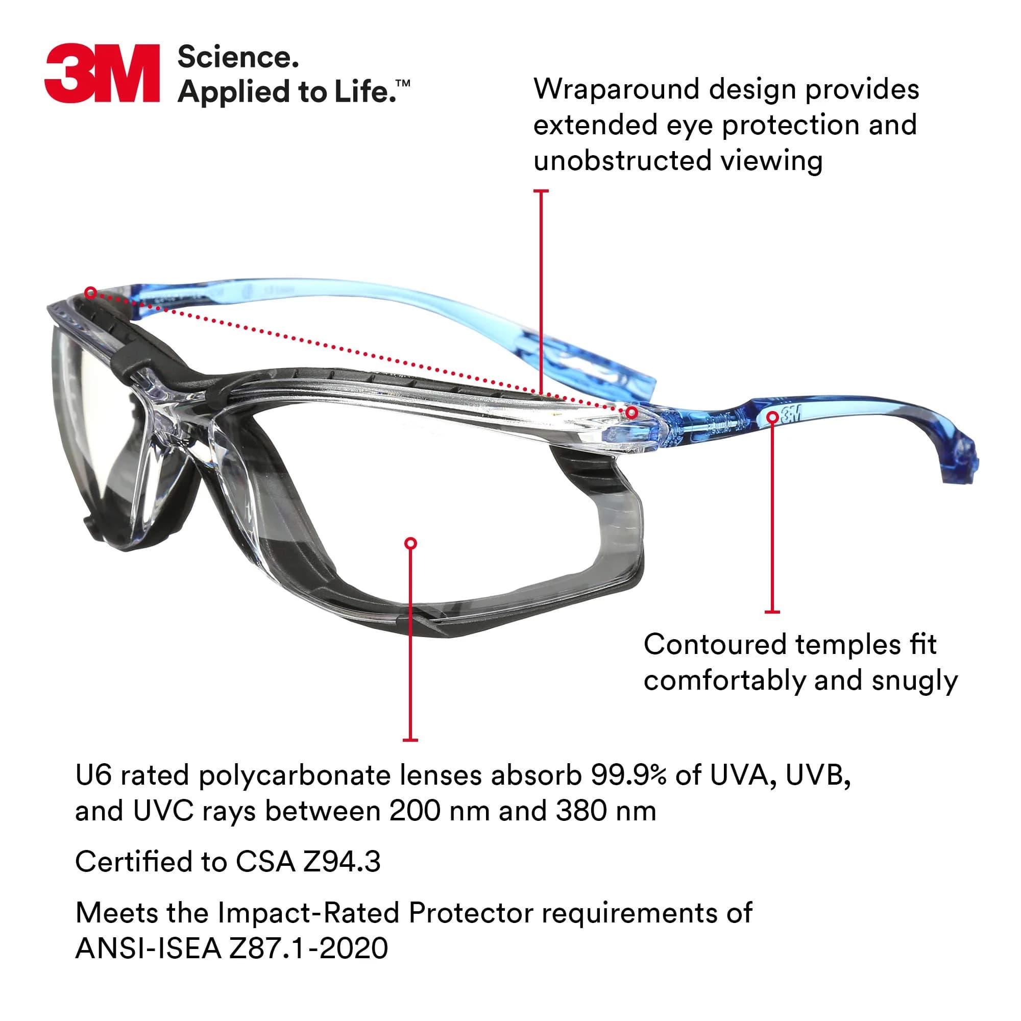 3M Virtua CCS Safety Glasses: Clear Anti-Fog Lens, Blue Frame with Removable Foam Gasket - view 2