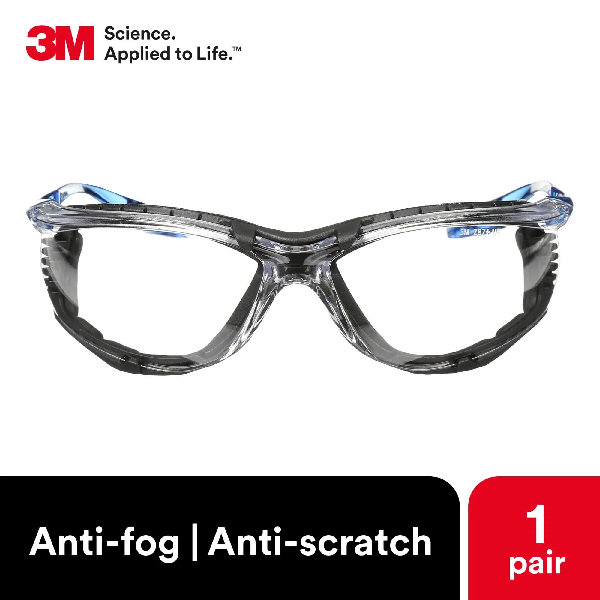 3M Virtua CCS Safety Glasses: Clear Anti-Fog Lens, Blue Frame with Removable Foam Gasket - view 3