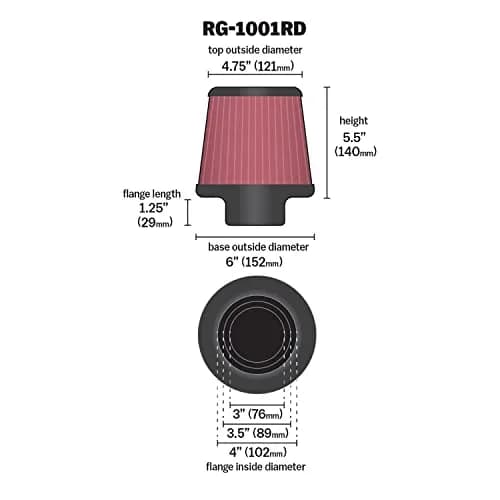 K&N High-Flow Universal Clamp-On Air Filter RG-1001RD | 156 mm (5.5 In) Height, 101.6 mm (4 In) Flange Diameter thumbnail 2