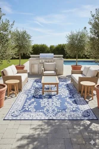 Mad Mats Outdoor Rug, Reversible Plastic Mat for Patio, Porch, Deck, Kitchen & Bath, Garland, 4' x 6', Blue White | Fade-Proof & Stain-Resistant thumbnail 3