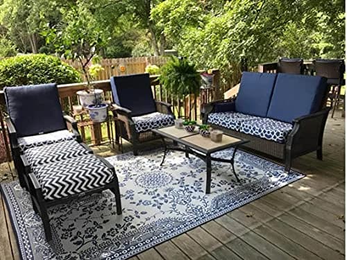 Mad Mats Outdoor Rug, Reversible Plastic Mat for Patio, Porch, Deck, Kitchen & Bath, Garland, 4' x 6', Blue White | Fade-Proof & Stain-Resistant thumbnail 4