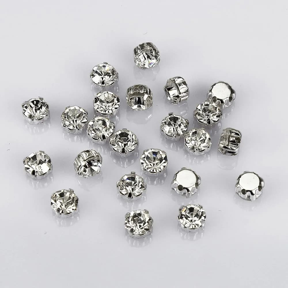 LolliBeads Crystal Ringed Sew-On Rhinestones 5mm (0.197 inches) | AAA Quality Czech Glass with Silver-Plated Brass Prongs — White Crystal-6mm-100pcs / 6mm