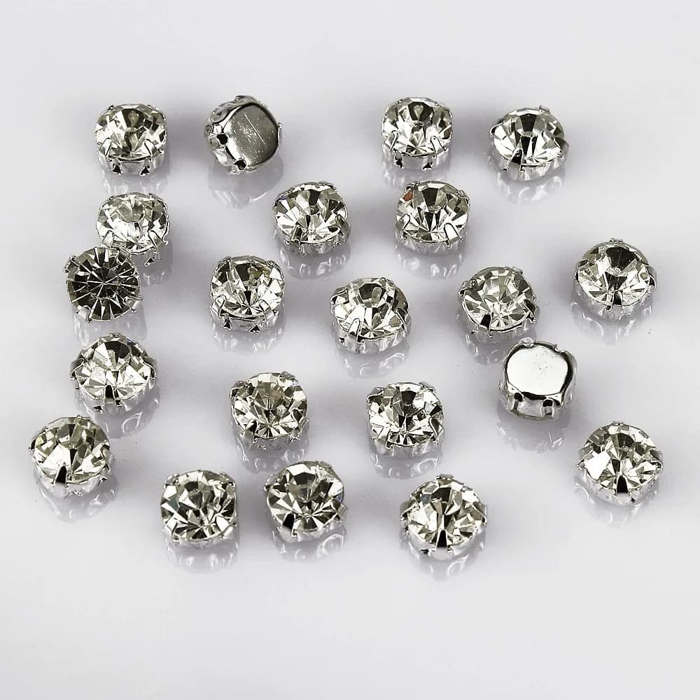 LolliBeads 50 Pcs Crystal Sew-On Rhinestones 8 mm | Silver Plated Brass Base for Jewelry & Crafts