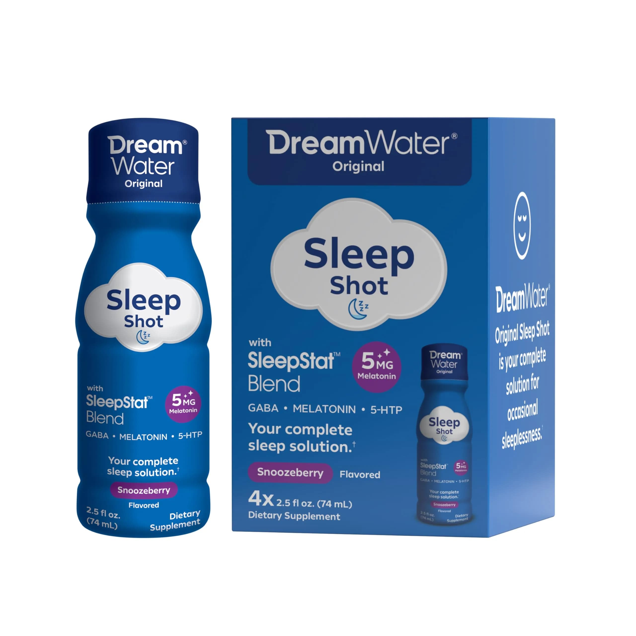 Dream Water Sleep Aid Supplement Drink; Melatonin 5mg, GABA, 5-HTP; Zero Sugar, Natural Flavors, No Added Colors, 2.5 oz Liquid Sleep Shots, Snoozeberry, 4-Count | Supports restful sleep — 2.5 Fl Oz