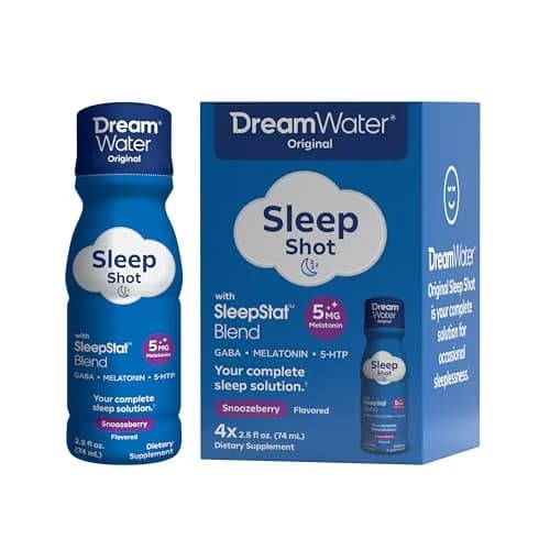 Dream Water Sleep Aid Supplement Drink; Melatonin 5mg, GABA, 5-HTP; Zero Sugar, Natural Flavors, No Added Colors, 2.5 oz Liquid Sleep Shots, Snoozeberry, 4-Count | Supports restful sleep thumbnail 1