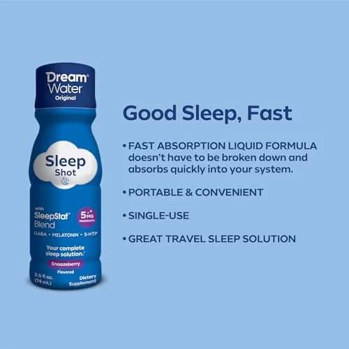 Dream Water Sleep Aid Supplement Drink; Melatonin 5mg, GABA, 5-HTP; Zero Sugar, Natural Flavors, No Added Colors, 2.5 oz Liquid Sleep Shots, Snoozeberry, 4-Count | Supports restful sleep thumbnail 8