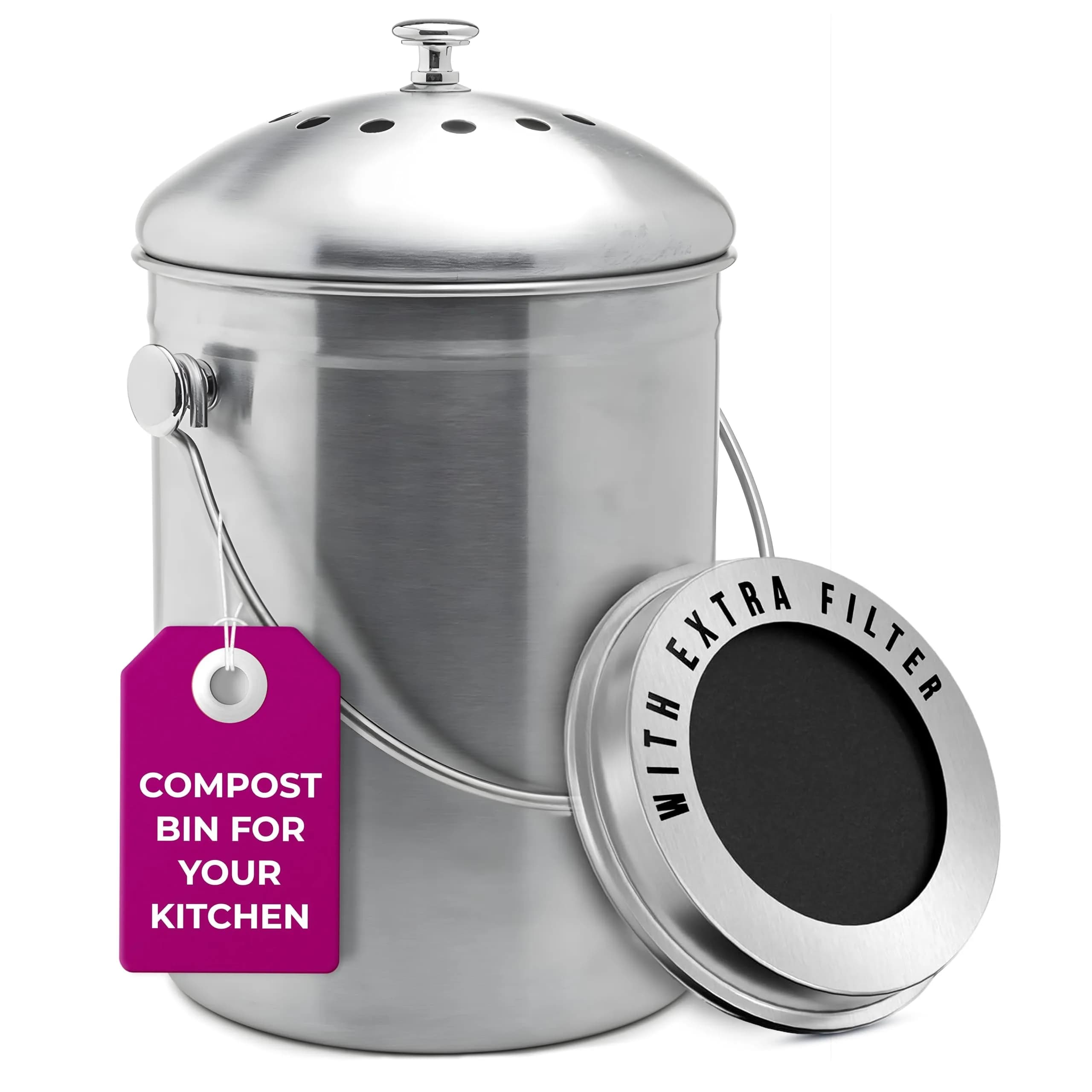 Epica Stainless Steel Kitchen Compost Bin 1.3 Gallon | Odor-Free, Rust-Resistant Countertop Container