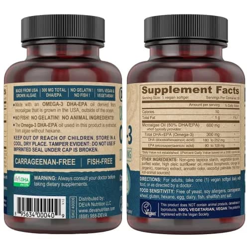 DEVA Vegan Omega-3 DHA-EPA 300 mg Algae Oil Softgels 90 Count | Certified Vegan, Carrageenan-Free thumbnail 2