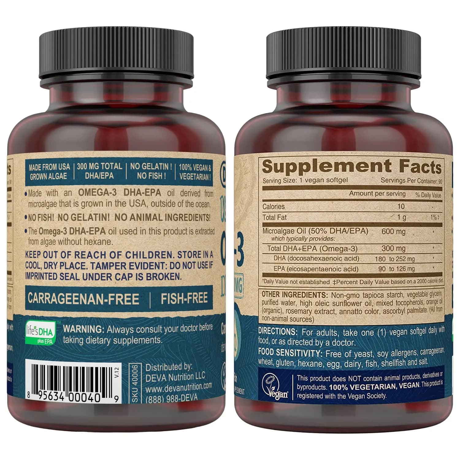 DEVA Vegan Omega-3 DHA-EPA 300 mg Algae Oil Softgels 90 Count | Certified Vegan, Carrageenan-Free - view 2